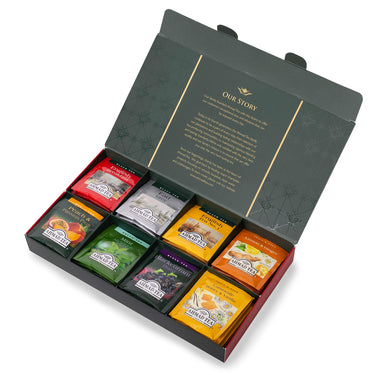 Ahmad Tea Black, Green, & Herbal Teas, Tea Master's  Selection Red & Green Gift Box, Variety of 8 Teas, Teabags 48 ct - Caffeinated, Decaffeinated, and Sugar-Free